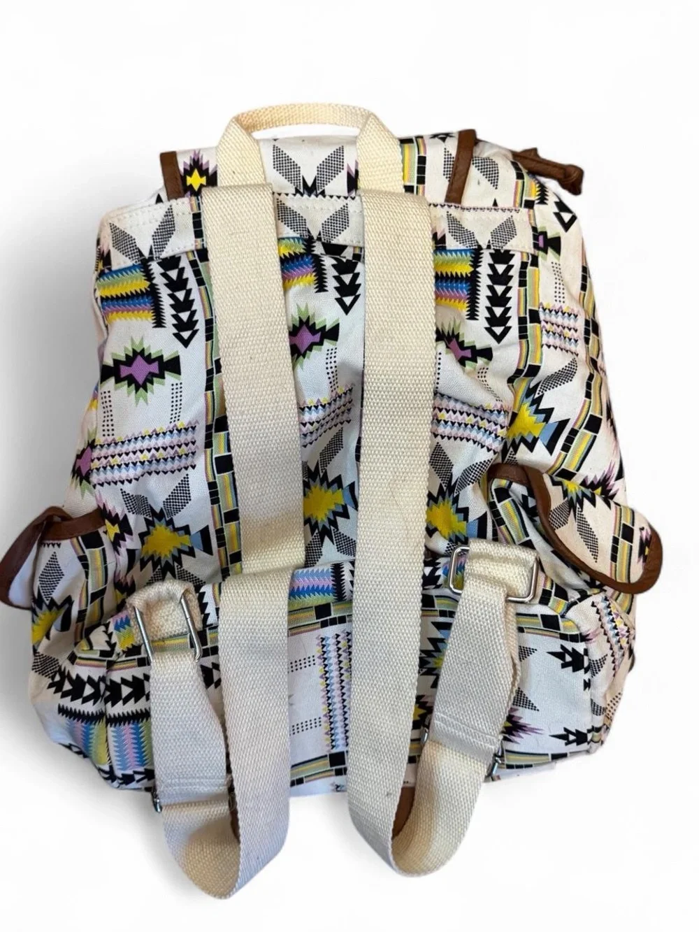 Patterned Canvas Backpack with Brown Trim - Cream Multicolor